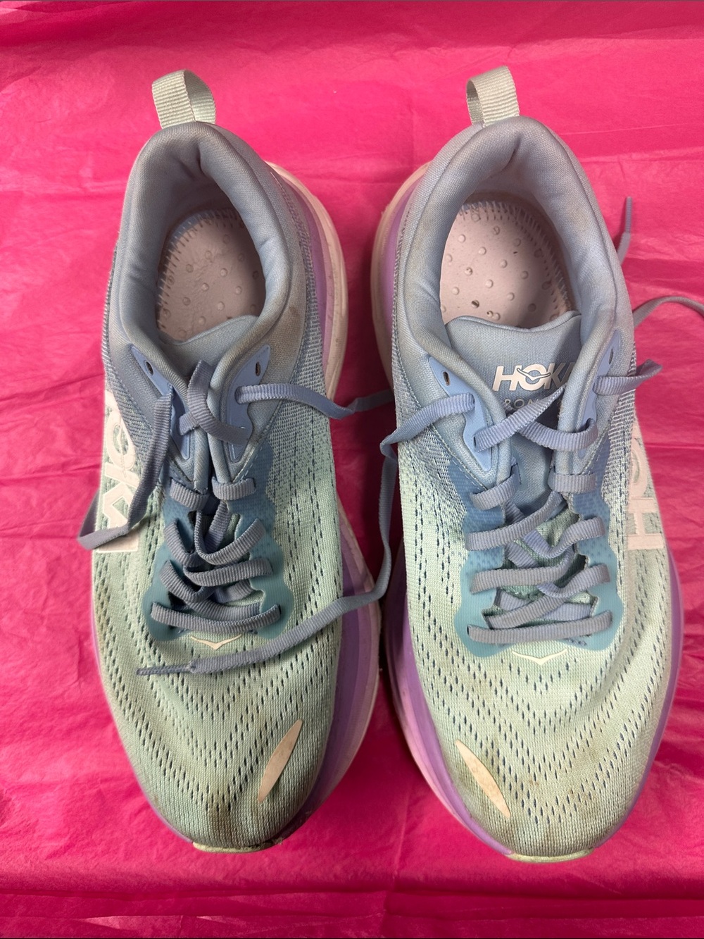 Hoka Women's Mint Blue Lavender Running Sneakers.